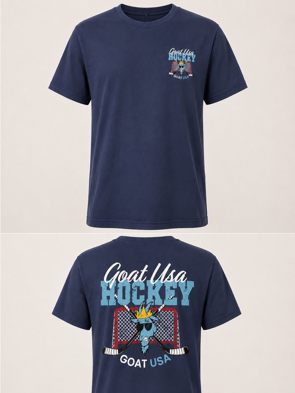 Goat USA Hockey 2-Sided Graphic T-Shirt Men’s Large Navy Goalie Tee